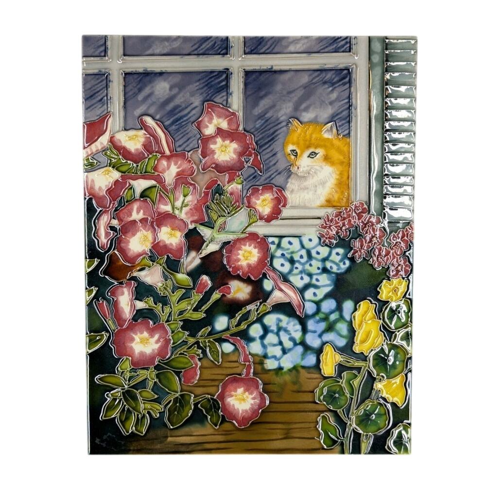 BENAYA Tile Art Plaque Flowers & Cat In Window 11" x 14" With Original Box